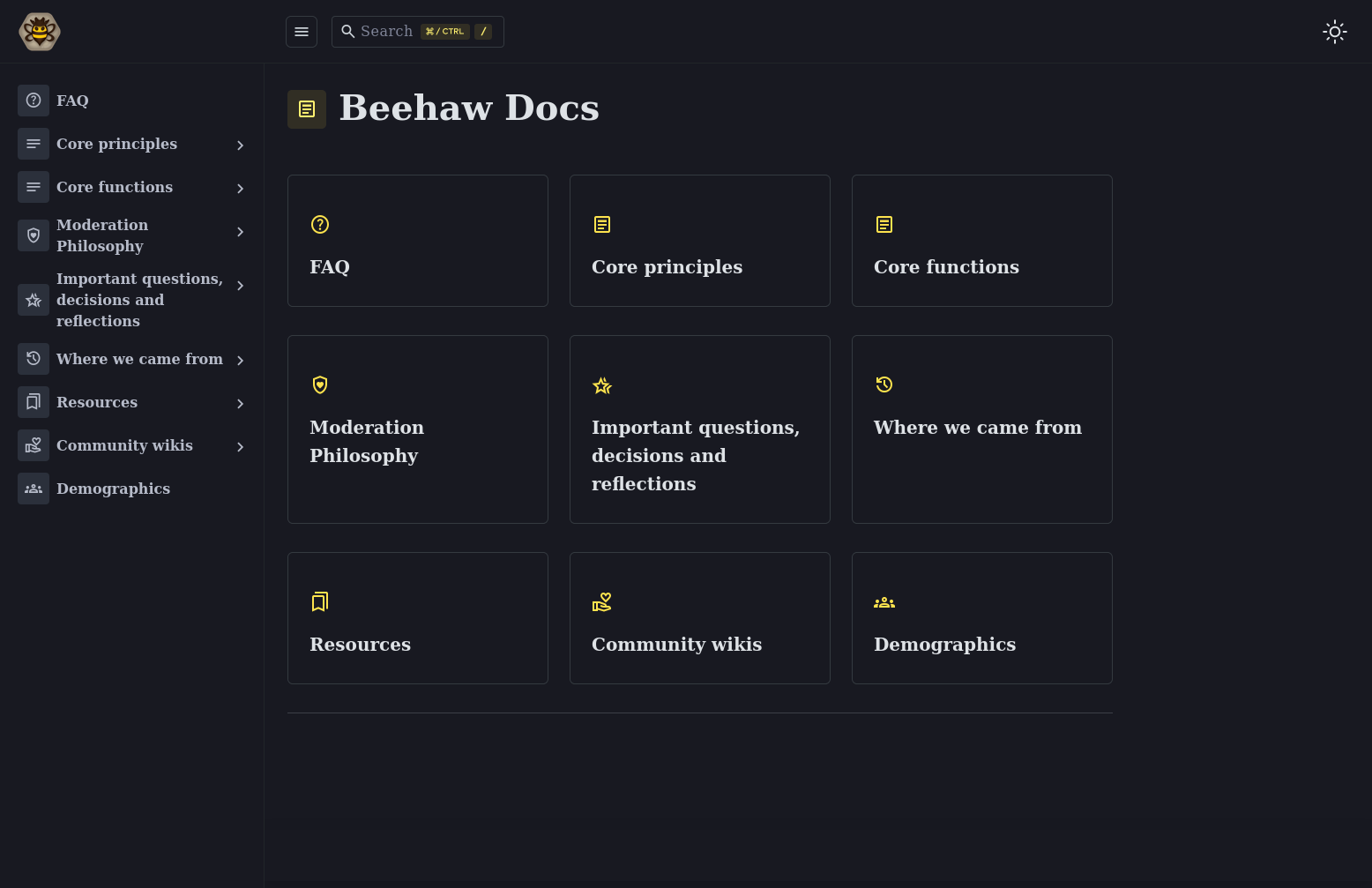 Screenshot of the main page of Beehaw Docs
